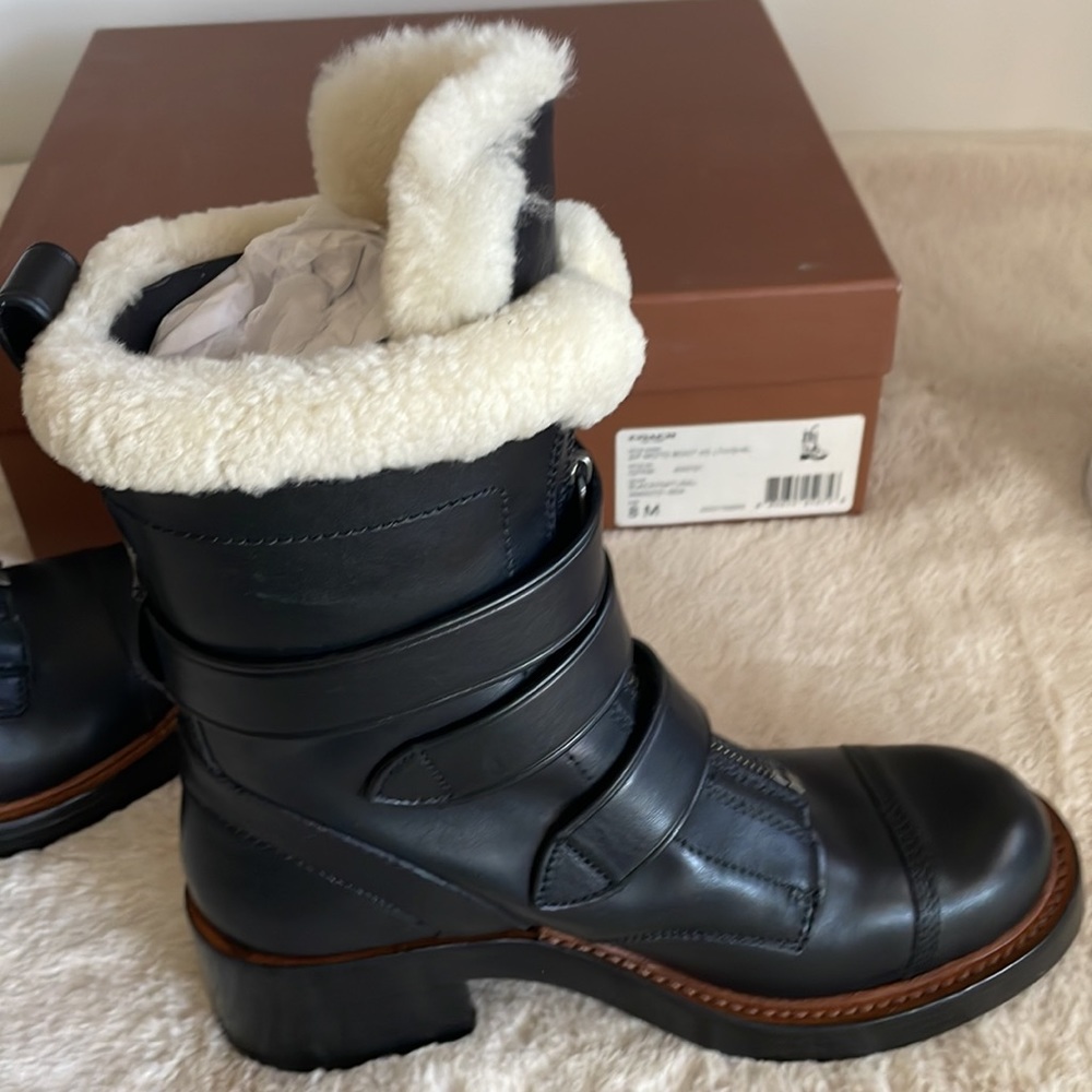 Coach 1941 Black Leather Womens Moto Boot with Shearling 2 inch heel size 8 M. - Picture 7 of 16
